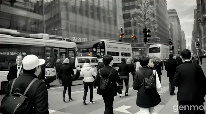 a group of ten persons looking into the same direction, some are staying still while others are reaching for there phones 