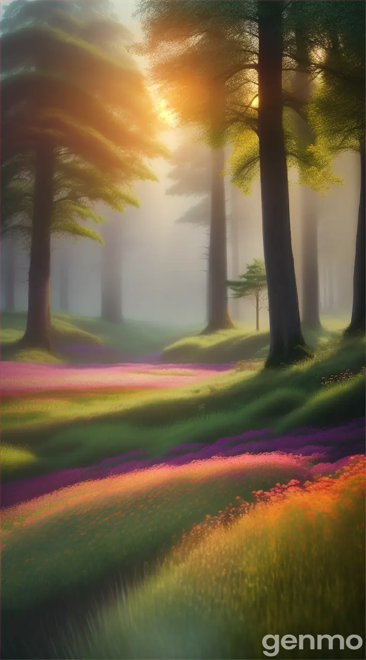 a high quality professional photo of a beautiful forest, morning meadow with flowers landscape, nature photography, serene, peaceful, sunrise, colorful, blooming flowers, misty, dreamy, wide angle shot, scenic view, outdoor, natural light, realistic, detailed, digital painting, 4k