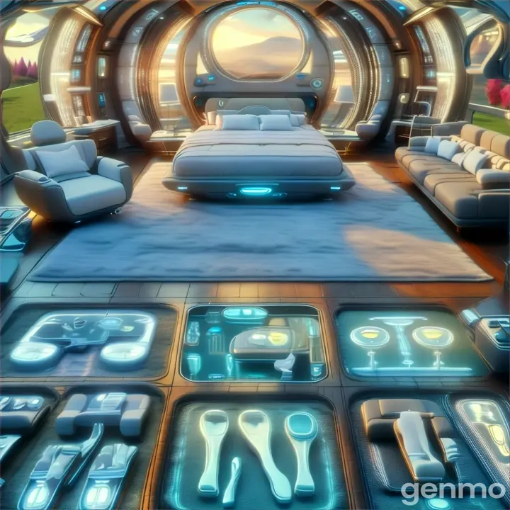 a futuristic bedroom with a large bed and a lot of furniture