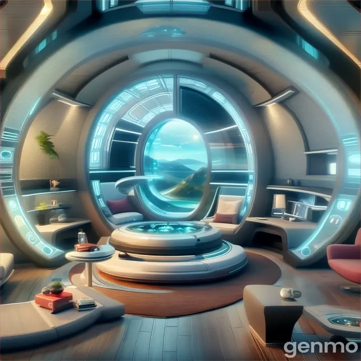 a futuristic living room with a circular window