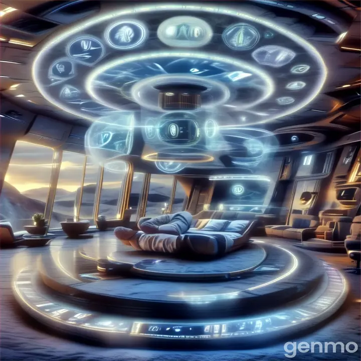 a futuristic room with a man laying on the floor