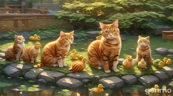  a cat sitting next to a group of ducks