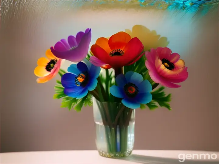 Des anemones en differentes couleur avec les racines dans un vase transparent