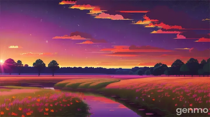 Viral anime nature wallpaper in 4K quality, in the style of photography with a 35mm lens inspired by Isao Takahata, capturing a serene cornfield at dusk, the sky with a soft gradient of orange and purple, shot of canale and fireflies dancing on the water; warm and nostalgic color temperature, cosmos lighting with twinkling stars in the sky, without human characters or artifacts, the atmosphere is quiet and dreamy.