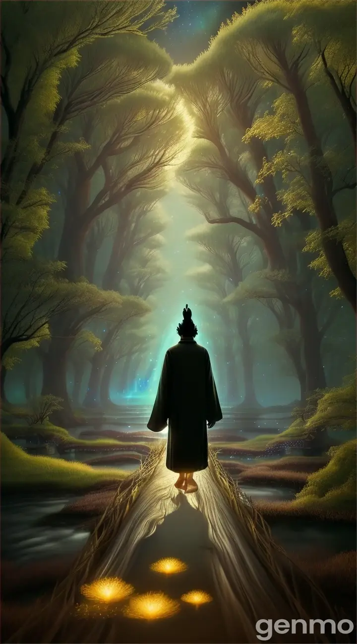 "Zhuangzi walking through a dreamlike, surreal landscape where the lines between nature and the cosmos blur. Giant trees with roots floating above the ground intertwine with stars, and rivers of light flow through the sky. Zhuangzi calmly walks barefoot along a glowing path, his hands behind his back. His journey through this cosmic scenery reflects his deep understanding of the unity between the universe and the self." 9:16