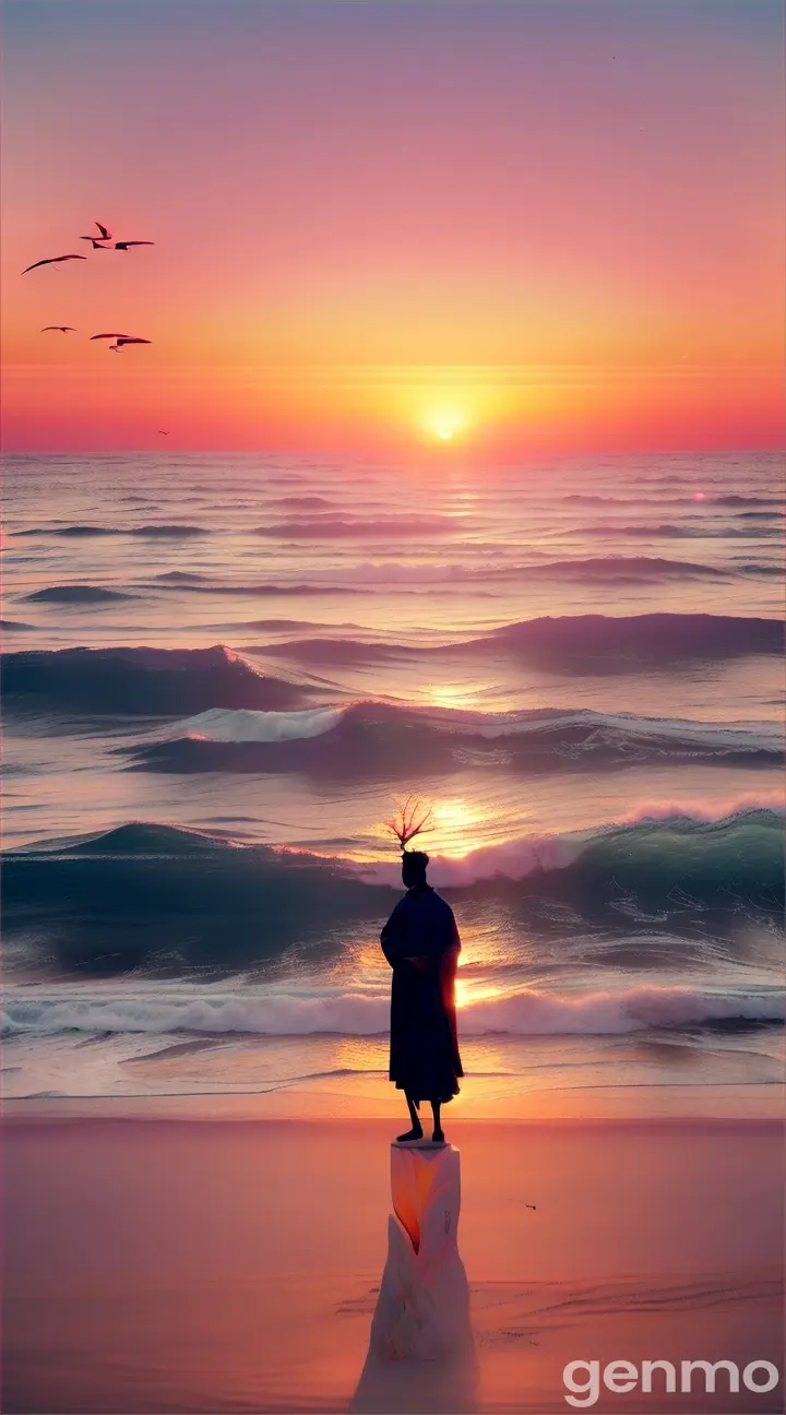 "Zhuangzi standing on the shore of a vast ocean, gazing out at the horizon as waves gently lap against the sand. The sky is painted with the colors of sunset, blending pinks and oranges with soft purples. His figure is small compared to the endless ocean, and seagulls fly overhead. The scene captures the feeling of infinity and the deep connection between the individual and the universe."
 9:16