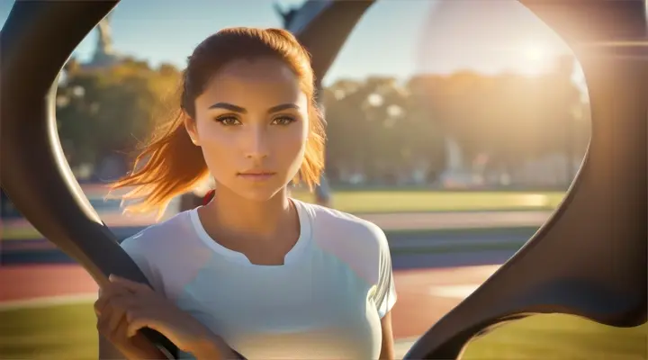 Beautiful woman in athletic wear, jogging under the sunlight, estatua de la libertad background.