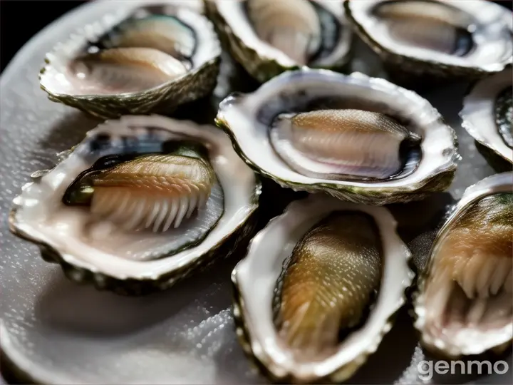 Food, raw oysters, photorealistic macro photography, background blurred in the middle