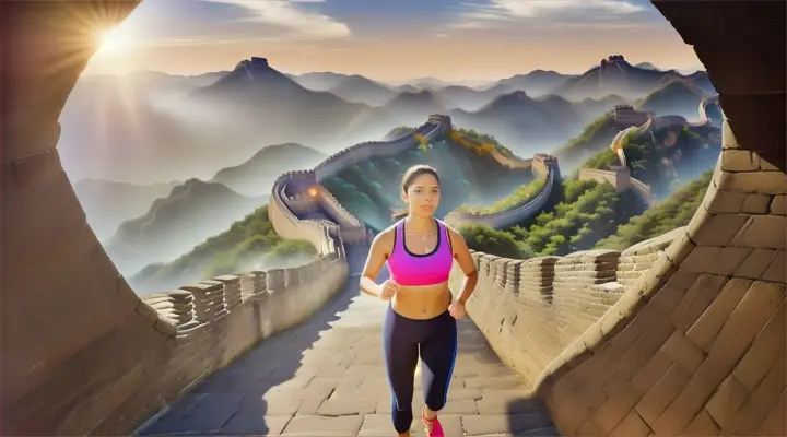 Beautiful española woman in athletic wear, jogging under the sunlight, gran muralla china background.