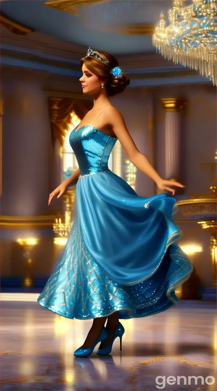 creation of dancing Cinderella  with  sky blue glittering dress with sparkle in magical serene of palace 9 :16