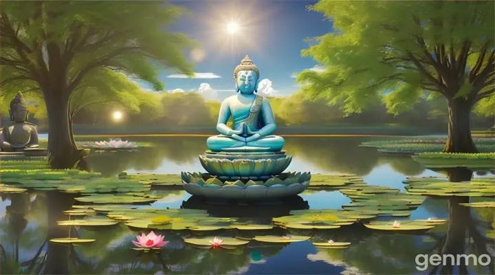 Wisdom of the Lotus Please draw a picture of Buddha sitting in a large lotus. The lotus emits a mysterious light and a clear pond spreads out around it. Small lotus petals float on the water and sway gently in the wind. Buddha has his hands clasped together and has a peaceful expression symbolizing wisdom and compassion. The background is filled with a clear sky and bright sunlight.
 16:9