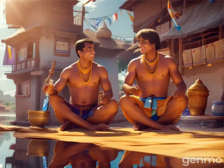 A man in dhoti talking to another man in dhoti sitting on bed drinking water village cartoon 