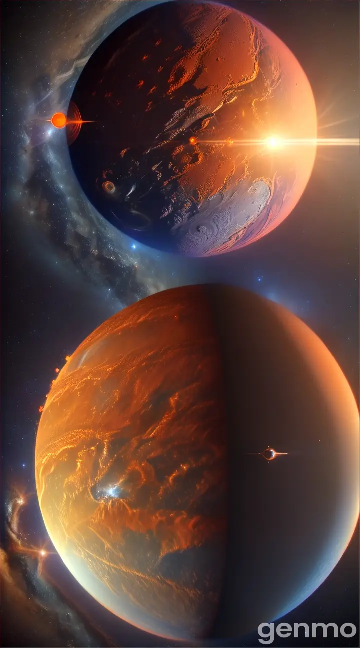 The camera zooms out from Venus to show it glowing intensely, transitioning to a side-by-side comparison of Venus and Earth. Venus glows a brilliant orange-red while Earth appears cool and blue.