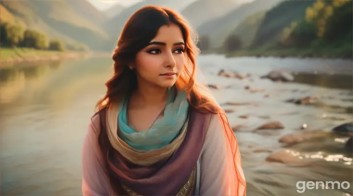 (Female voice):
"तू ही दिलबर जानी है, तू ही है मेरा सावरिया..."
Cut to:
A beautiful woman (the heroine) in a flowing dress, standing by a river in the valley below, gazing at the horizon. Her scarf flutters in the breeze as the morning light hits her face. She picks up a small pebble from the water and smiles, lost in thought.