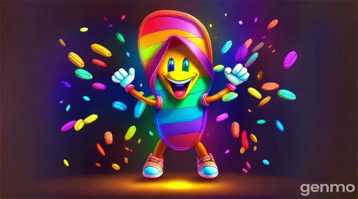 a rainbow colored cartoon character with arms and legs