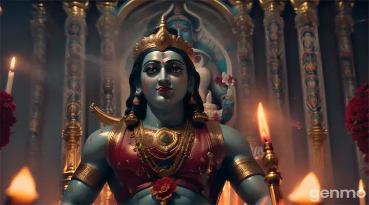 Visual: The hero enters the temple, where he falls to his knees in front of a massive, awe-inspiring statue of Maa Kali. The temple's atmosphere is filled with burning lamps and incense smoke. He offers everything he has — symbolic gestures like placing a sword and flowers at Maa Kali’s feet — surrendering his life to her will. The camera follows his emotional plea, tears glistening in his eyes.