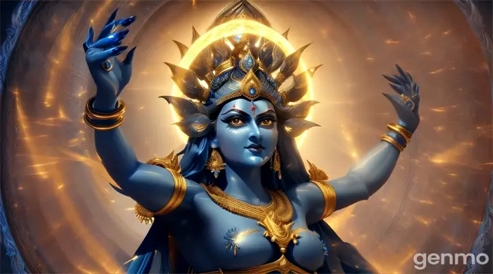 Visual: As the hero prays, the statue of Maa Kali begins to glow with a blue divine light. Her form, dark and powerful, emerges from the statue in 3D, her eyes fiery and fierce. Her energy radiates, scattering the darkness and filling the entire temple with her mighty presence. The camera zooms in on her multiple arms holding divine weapons, and she steps down towards the hero, filling him with peace and strength.
