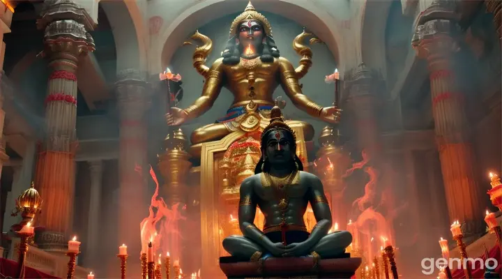 The hero enters the temple, where he falls to his knees in front of a massive, awe-inspiring statue of Maa Kali. The temple's atmosphere is filled with burning lamps and incense smoke. He offers everything he has — symbolic gestures like placing a sword and flowers at Maa Kali’s feet — surrendering his life to her will. The camera follows his emotional plea, tears glistening in his eyes.