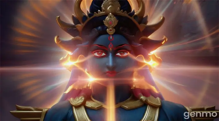 Visual: As the hero prays, the statue of Maa Kali begins to glow with a blue divine light. Her form, dark and powerful, emerges from the statue in 3D, her eyes fiery and fierce. Her energy radiates, scattering the darkness and filling the entire temple with her mighty presence. The camera zooms in on her multiple arms holding divine weapons, and she steps down towards the hero, filling him with peace and strength.