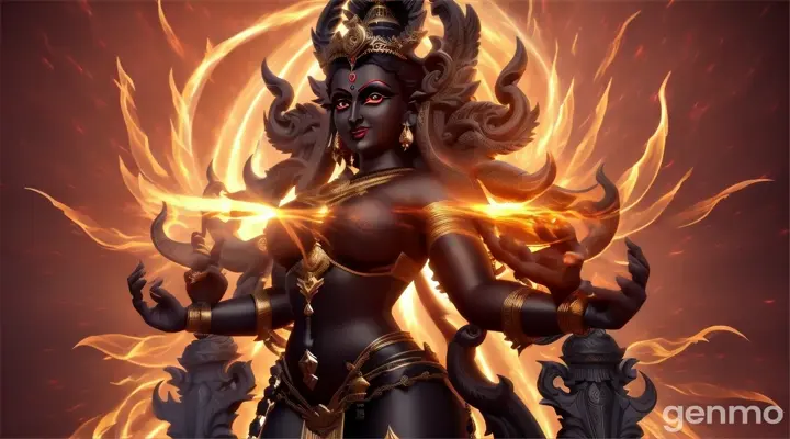 Visual: As the hero prays, the statue of Maa Kali begins to glow with a blue divine light. Her form, dark and powerful, emerges from the statue in 3D, her eyes fiery and fierce. Her energy radiates, scattering the darkness and filling the entire temple with her mighty presence. The camera zooms in on her multiple arms holding divine weapons, and she steps down towards the hero, filling him with peace and strength.