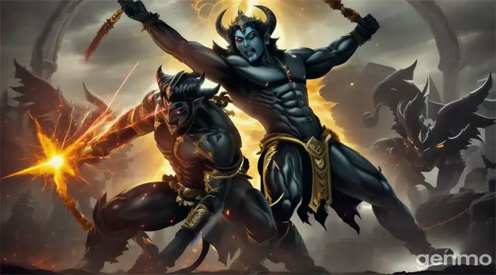 Visual: The hero, now empowered by Maa Kali’s blessings, stands up taller, with newfound courage. In an epic battle scene, dark demonic figures rise from the ground, threatening the hero. But with Maa Kali’s divine power coursing through him, he charges forward, slicing through the demons. Each strike is accompanied by a burst of divine light, symbolizing Maa Kali’s protection.