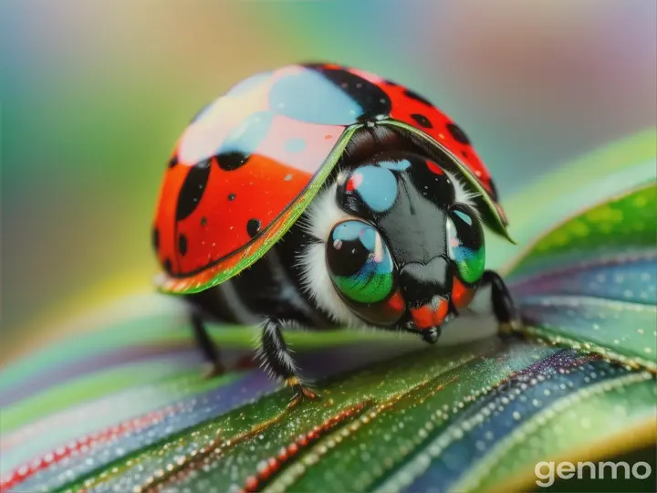 A macroscopic ladybug on a leaf, with rainbow water droplets in the background