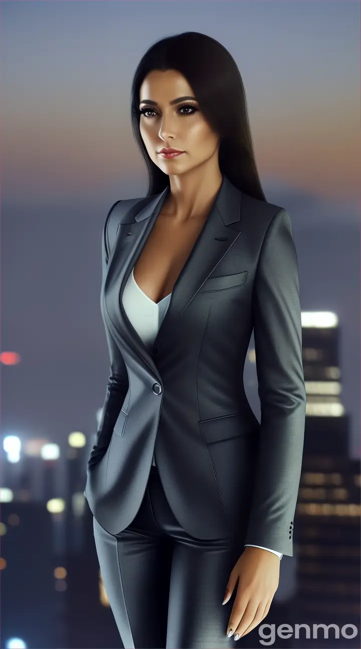 Moonlit Skyline Command: A woman CEO stands confidently atop a high-rise deck, her tailored business suit accentuating her figure. The full moon casts a soft, silvery light across the scene, highlighting her poised stance as she surveys the city below.