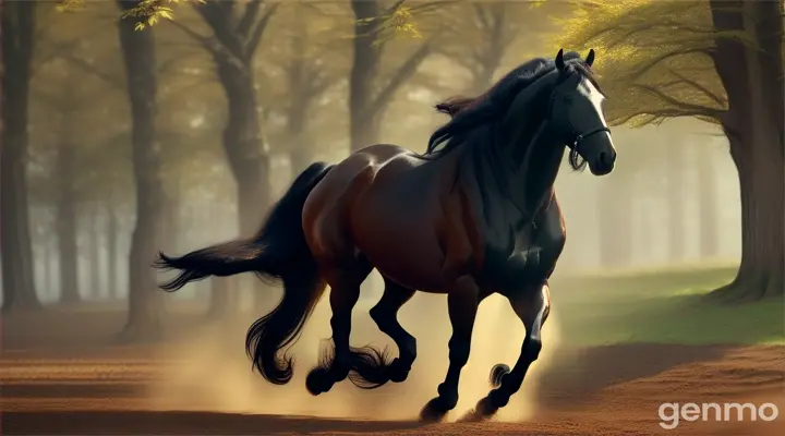 Create a realistic 4D high resolution HD drone image/video of a black chestnut horse with a long, shiny mane. He is running through the forest and the bright sun is shining overhead.