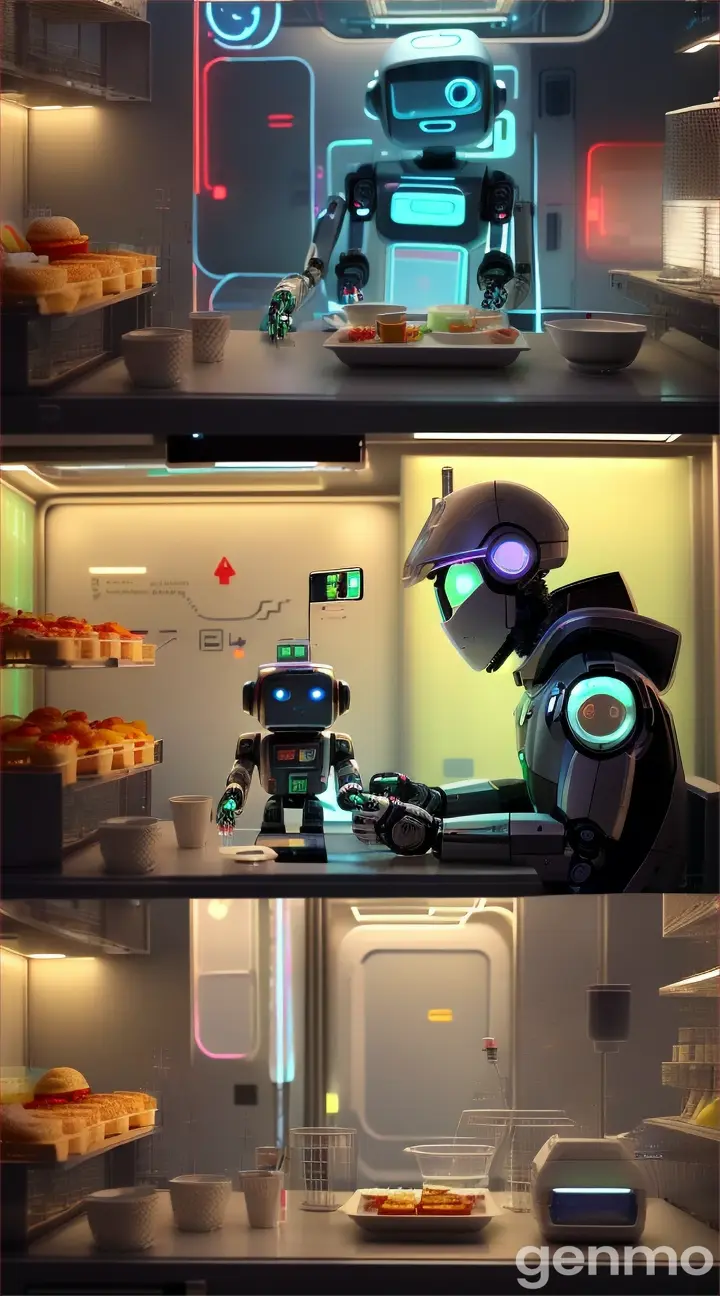 A robots life as a young guy, next  scene, the robot is having breakfast apple juice and sandwich, just like a human guy, 9:16 ratio