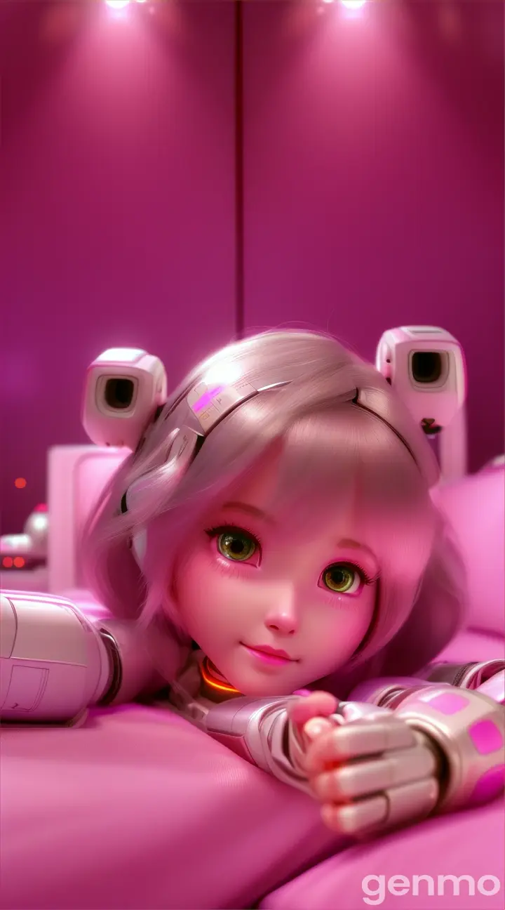 FC the robotic cute girl is  waking up from sleep, stretching in a cozy pink bed, 9:16 ratio