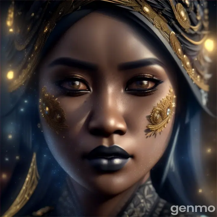 a malay woman is covered with tiny people with various acting in black, in the style of detailed atmospheric portraits, indigo and bronze, made of all of the above, social media portraiture, intricately textured, fragmented, emotive expressions,