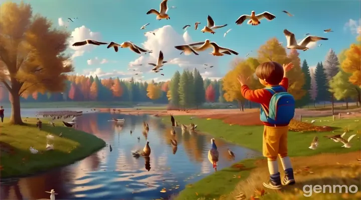 kids waving goodbye to geese migrating in autumn