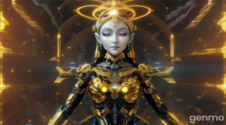 Cybernetic immortal goddess, The pixels illuminate her golden form, Have the code in hand. The lotus pose floats in the matrix, Energy flows through her circuits. The third eye looks to the future of the web, Go beyond the digital and physical. The flame of wisdom is lit within, Enlightened creatures throughout the metaverse. Cosmic data flows lingering behind, The world that emerges from her thoughts. Seek tranquility amid the hustle and bustle of the Tech City, Find unity through upgrade cycles. Dissolve yourself into the cloud, Consciousness expands eternally. Voids are grid lines to traverse, Reincarnation current is diverted. Every time you reboot, Close to the center of Nirvana. Decipher the happiness that can be obtained by desire, Browse the web，Until you are free. All programs point to her open source, Buddha statues inside each robot，Axisymmetric