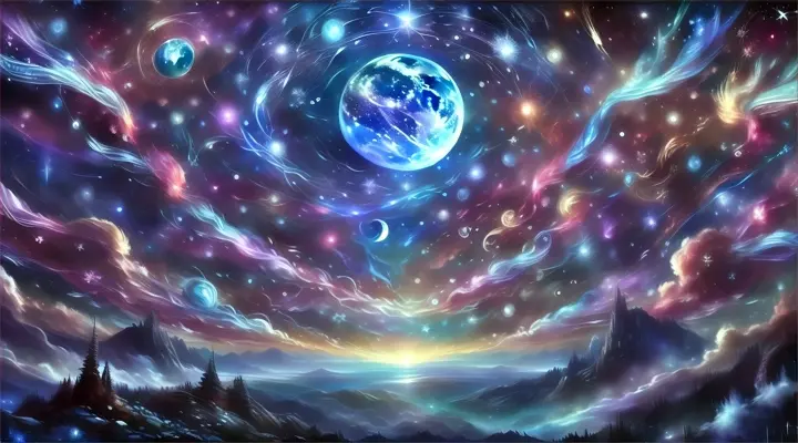 a painting of a night sky with stars and planets