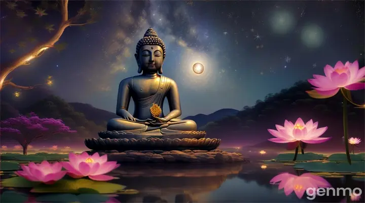 Buddha in the Night Sky Please draw a scene of Buddha meditating under the dark night sky. Countless stars shine in the sky, and the moonlight gently illuminates the Buddha. Around him, flowers bloom with starlight, and the Buddha is in deep silence in the harmonious scenery of moonlight and starlight. The mysteriousness of the night and the peace of the Buddha combine to convey spiritual beauty. 16:9