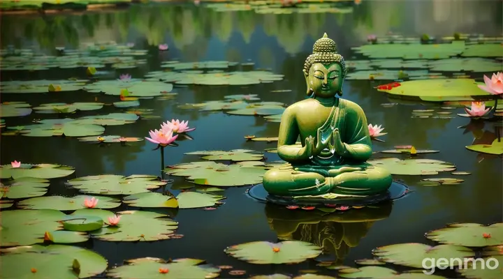 Buddha in a calm pond Please draw a picture of Buddha sitting in meditation on the edge of a clear pond. The surface of the pond is calm, reflecting the Buddha's appearance. Lotus flowers and water lilies bloom around him, and butterflies fly above them in peaceful harmony. The ripples of the pond are in harmony with the Buddha's meditation, and the sacred atmosphere of calm and natural beauty is captured.

 16:9