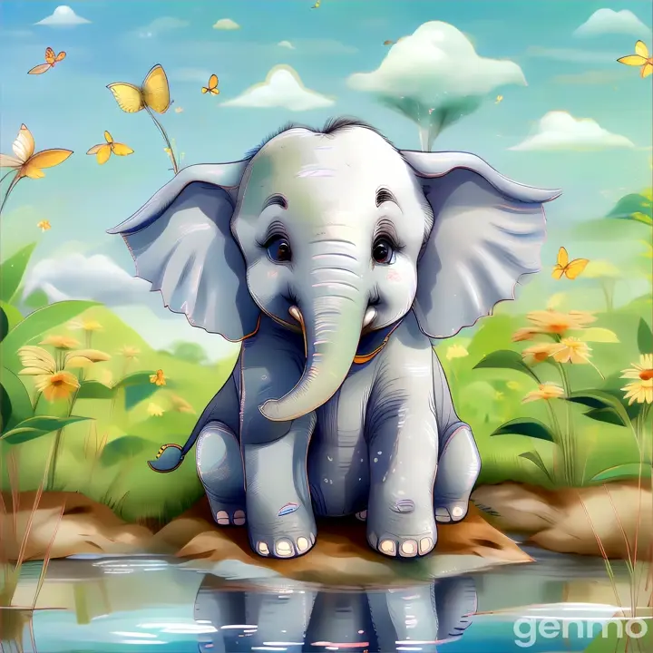 a baby elephant is sitting by the water