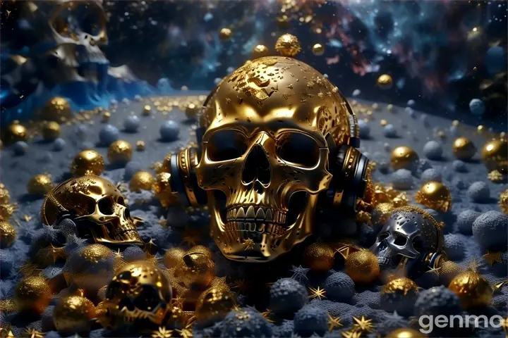 a golden skull with headphones in the middle of a pile of gold balls