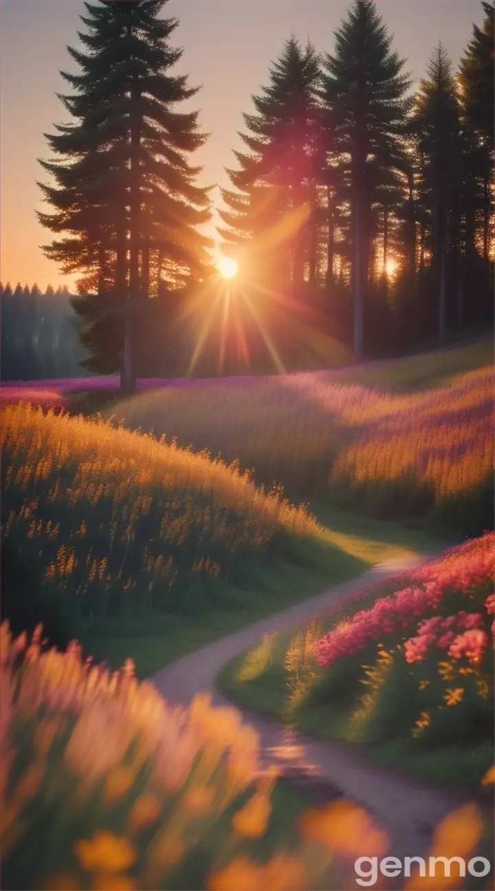 a high quality professional photo of a beautiful forest, morning sunrise over a meadow with flowers landscape, nature photography, serene, colorful, sunrise, peaceful, outdoor scenery, wide shot, vibrant colors, nature, high resolution, detailed, natural light, golden hour, 4k 