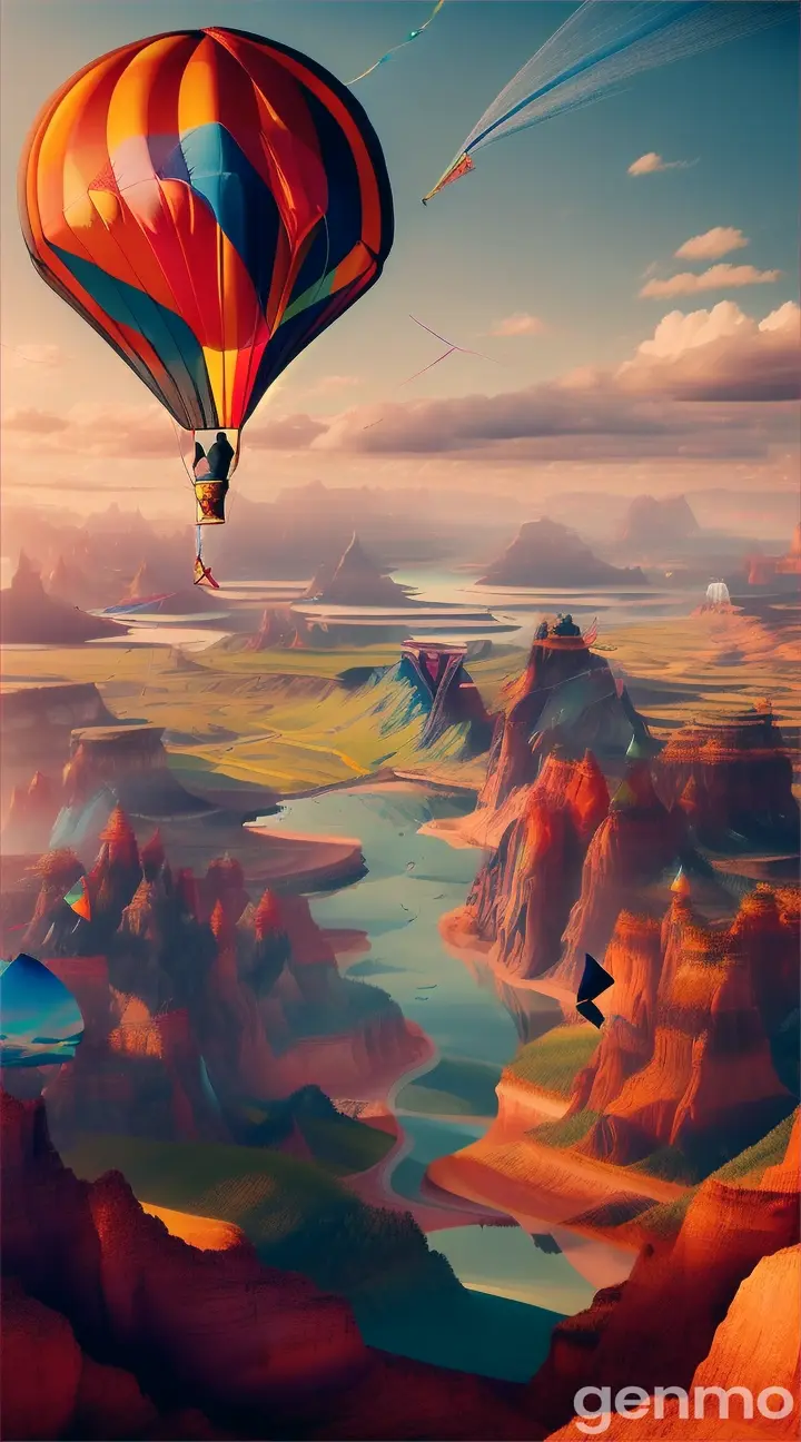 An artist wrapped up in a kite and floating above a surreal landscape, paintbrushes and tubes of paint flying around them with the strings of the kite