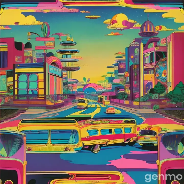 Retro Stop Action Family Adventure Cartoon Sequence with intricate, colorful visuals and surreal elements reminiscent of 60s and 70s pop art.