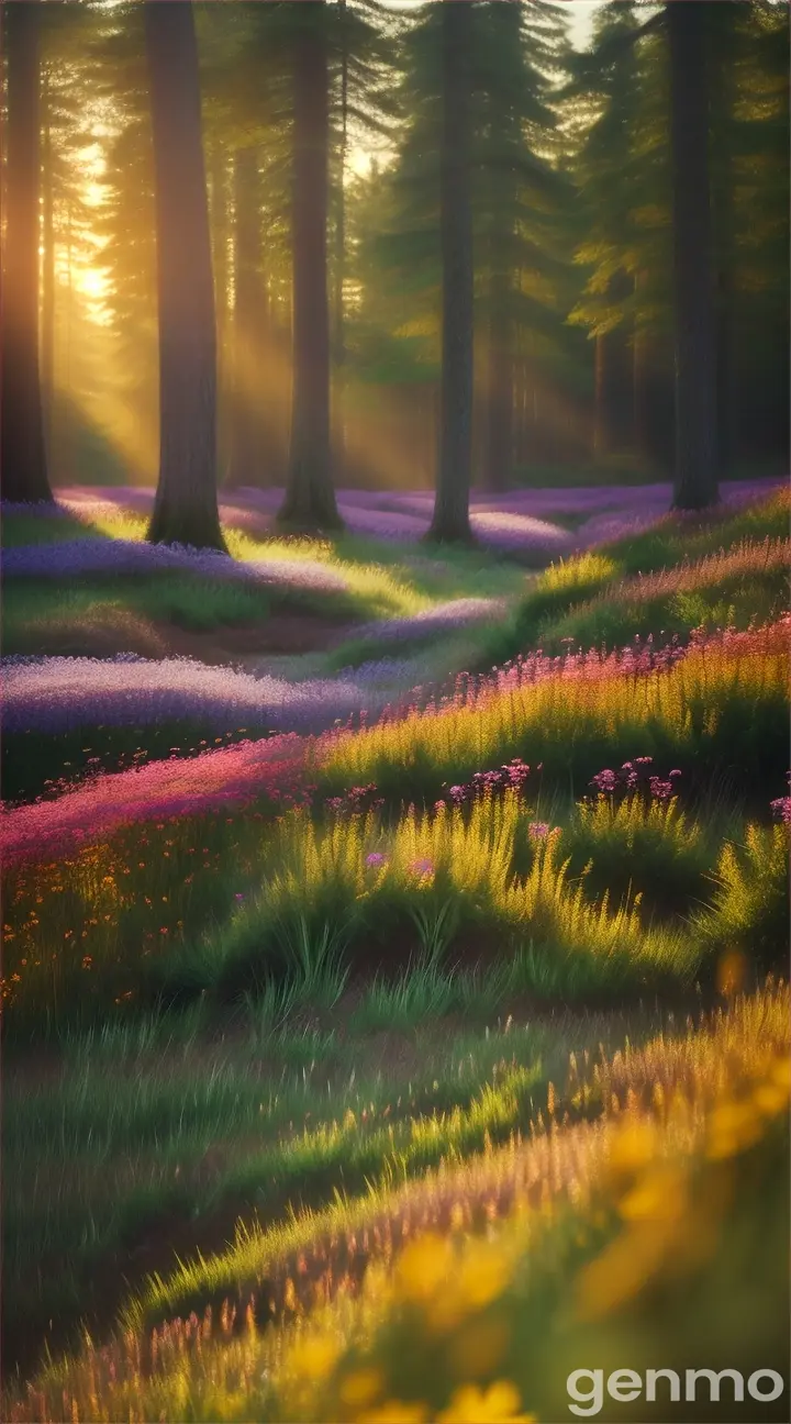 a high quality professional photo of a beautiful forest, morning sunrise over a meadow with flowers landscape, nature photography, serene, colorful, sunrise, peaceful, outdoor scenery, wide shot, vibrant colors, nature, high resolution, detailed, natural light, golden hour, 4k 