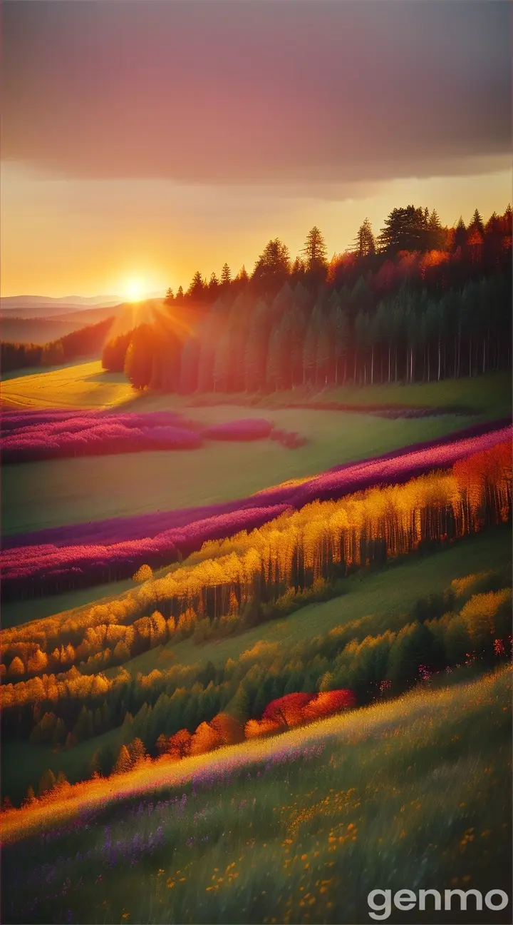 a high quality professional photo of a beautiful forest, morning sunrise over a meadow with flowers landscape, nature photography, serene, colorful, sunrise, peaceful, outdoor scenery, wide shot, vibrant colors, nature, high resolution, detailed, natural light, golden hour, 4k 