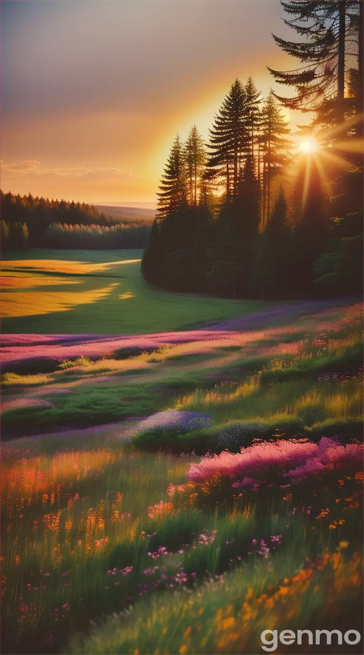 a high quality professional photo of a beautiful forest, morning sunrise over a meadow with flowers landscape, nature photography, serene, colorful, sunrise, peaceful, outdoor scenery, wide shot, vibrant colors, nature, high resolution, detailed, natural light, golden hour, 4k 