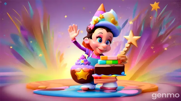 The chef should smile, wave, and hold a chocolate bar that sparkles with magic. Use upbeat, playful background music.3d carton Disney beautiful kids 