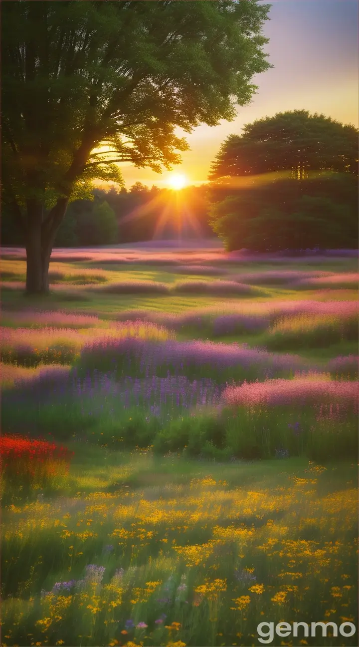 a high quality professional photo of a beautiful forest, morning sunrise over a meadow with flowers landscape, nature photography, serene, colorful, sunrise, peaceful, outdoor scenery, wide shot, vibrant colors, nature, high resolution, detailed, natural light, golden hour, 4k 