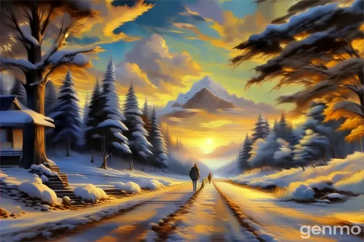 a painting of a person walking down a snowy road