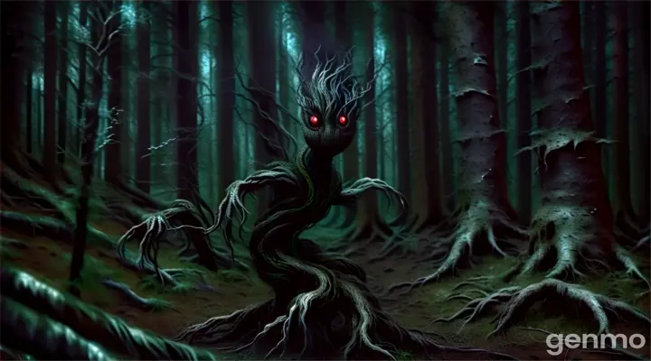 a creepy looking tree in the middle of a forest