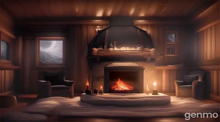 a realistic flickering fireplace in the small cabin, surrounded by darkness and shadows cast by the dancing flames. Through the window, the stormy night is depicted with thick, swirling clouds obscuring the moon, enhancing the ominous atmosphere