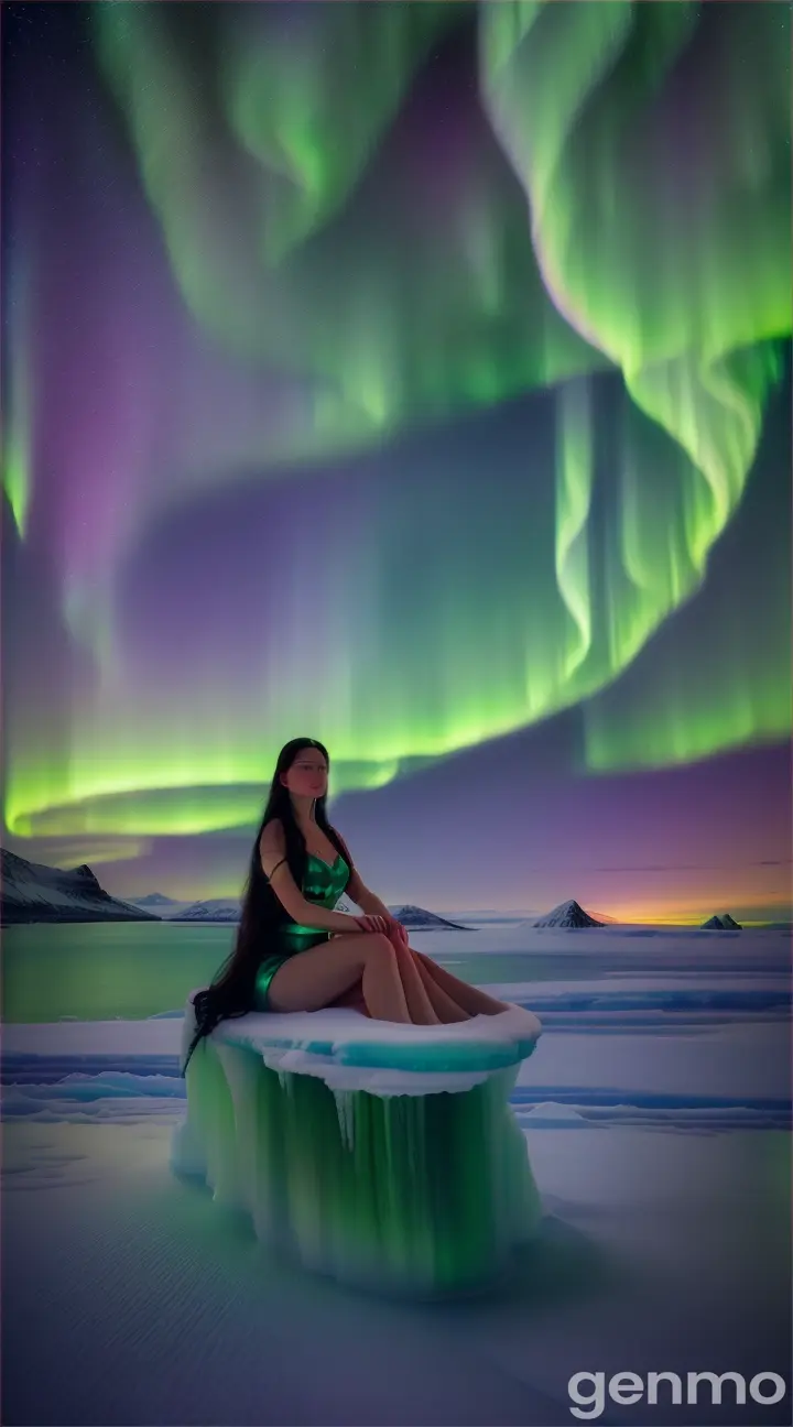 Ethereal Monarch: With the aurora borealis dancing in the background, the Goddess reclines elegantly on her ice throne. Her dark hair contrasts strikingly with her pale skin, and the moonlight enhances her figure, emphasizing her timeless allure and regal grace.